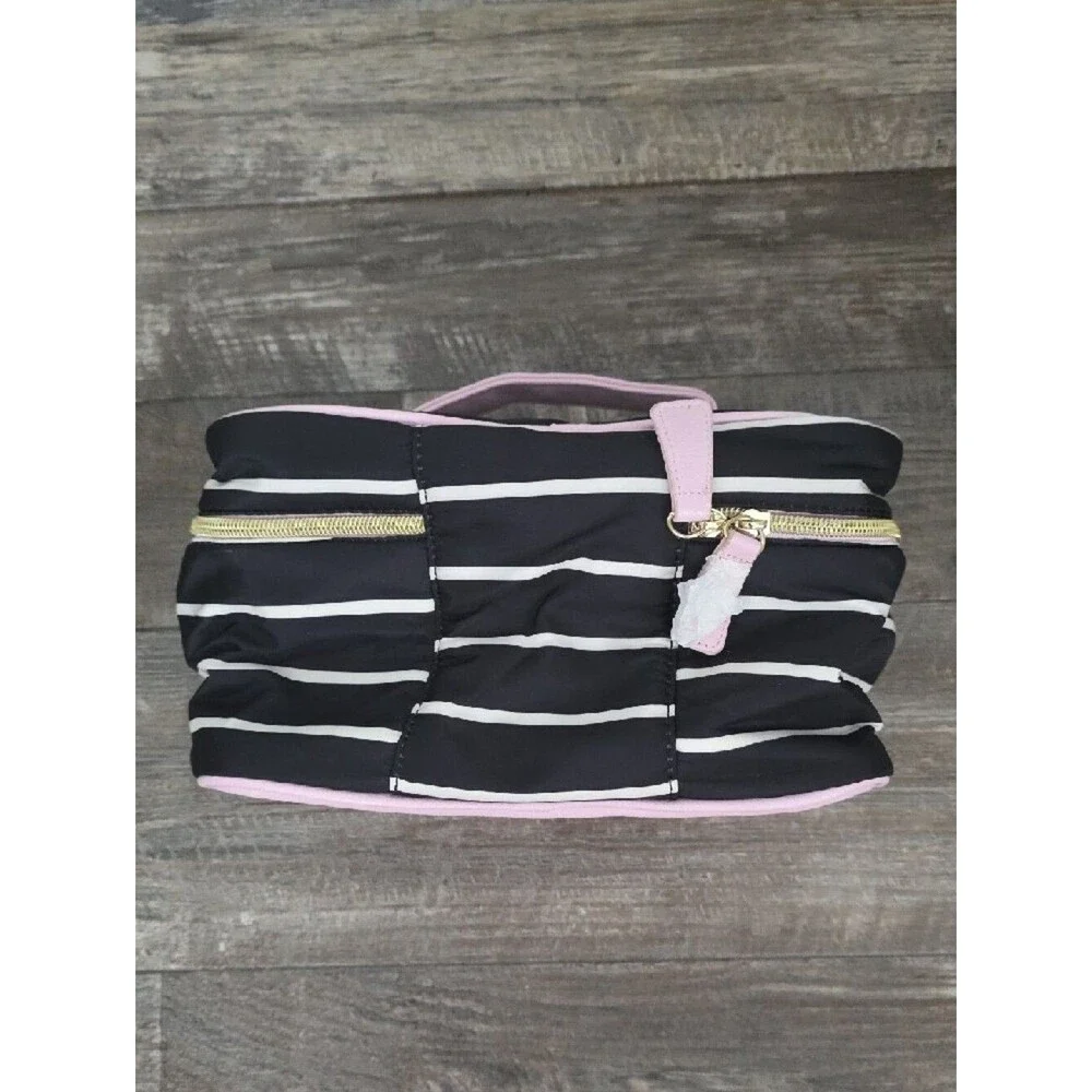 Betsey Johnson Black and White Striped Cosmetic Case with Pink Trim